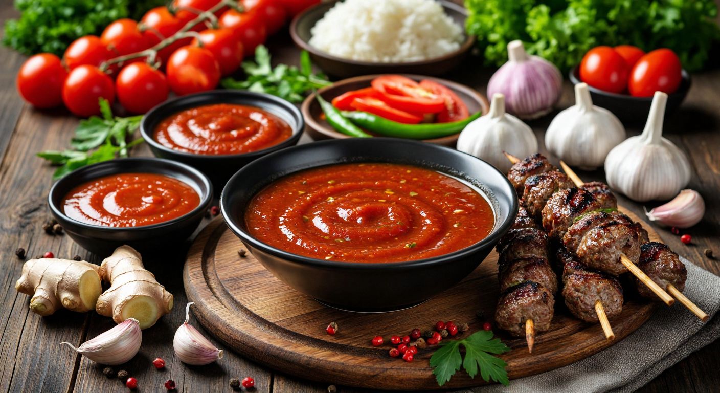 A vibrant Turkish dining table with a glossy bowl of sweet and sour sauce surrounded by fresh vegetables, garlic, ginger, and a sizzling dish of kebabs, evoking rich flavors and appetizing aromas.
