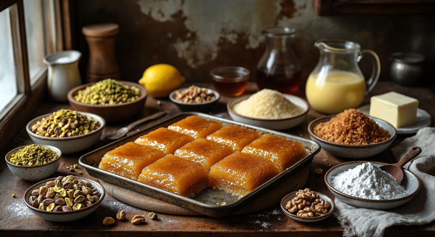 A rustic Turkish kitchen counter displays a tray of golden *borcam tatlısı* surrounded by bowls of ingredients: crushed pistachios, walnuts, shredded kadayıf, a lemon slice, and a pitcher of syrup, with flour and butter nearby.