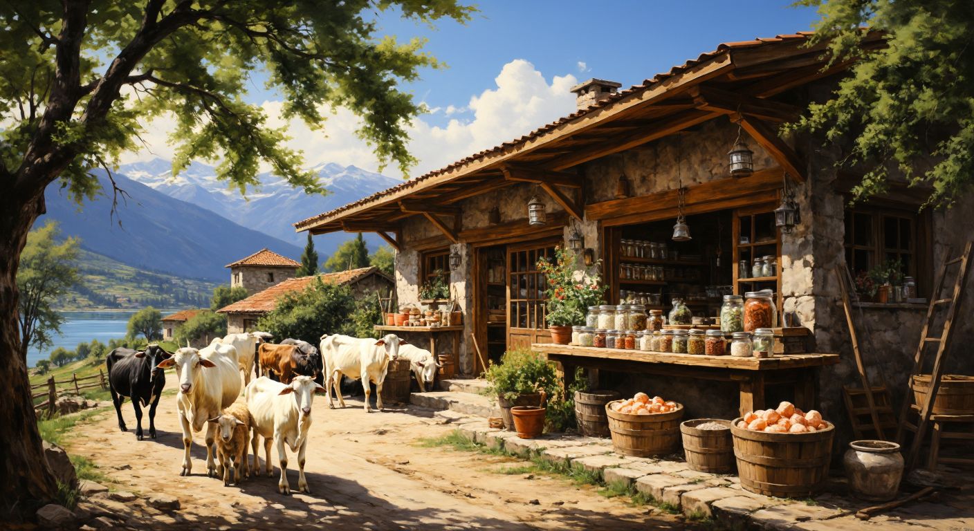 A rustic Turkish farm with grazing cows and goats, a cozy wooden restaurant serving fresh dairy products, and a small village shop displaying jars of local salt and preserves.