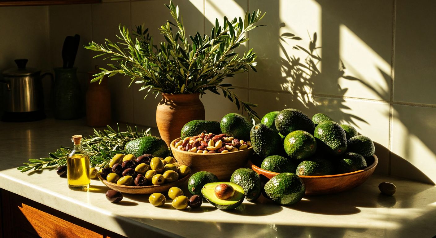 A Turkish kitchen counter with a colorful array of fresh avocados, olives, and nuts next to a small bottle of olive oil, bathed in warm sunlight.
