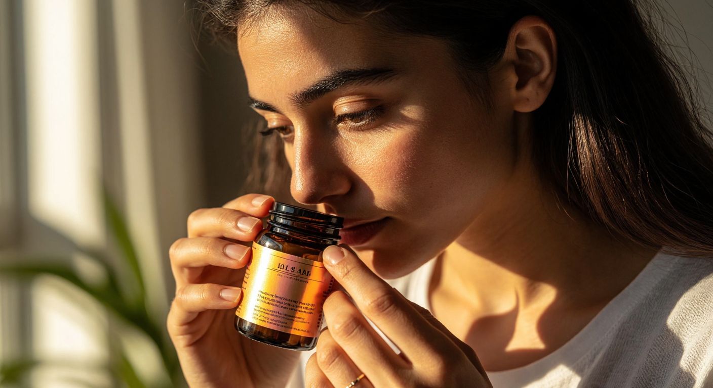 A close-up of a person’s hands carefully inspecting a Solgar supplement bottle with a holographic label under warm Turkish sunlight, their expression focused and curious.