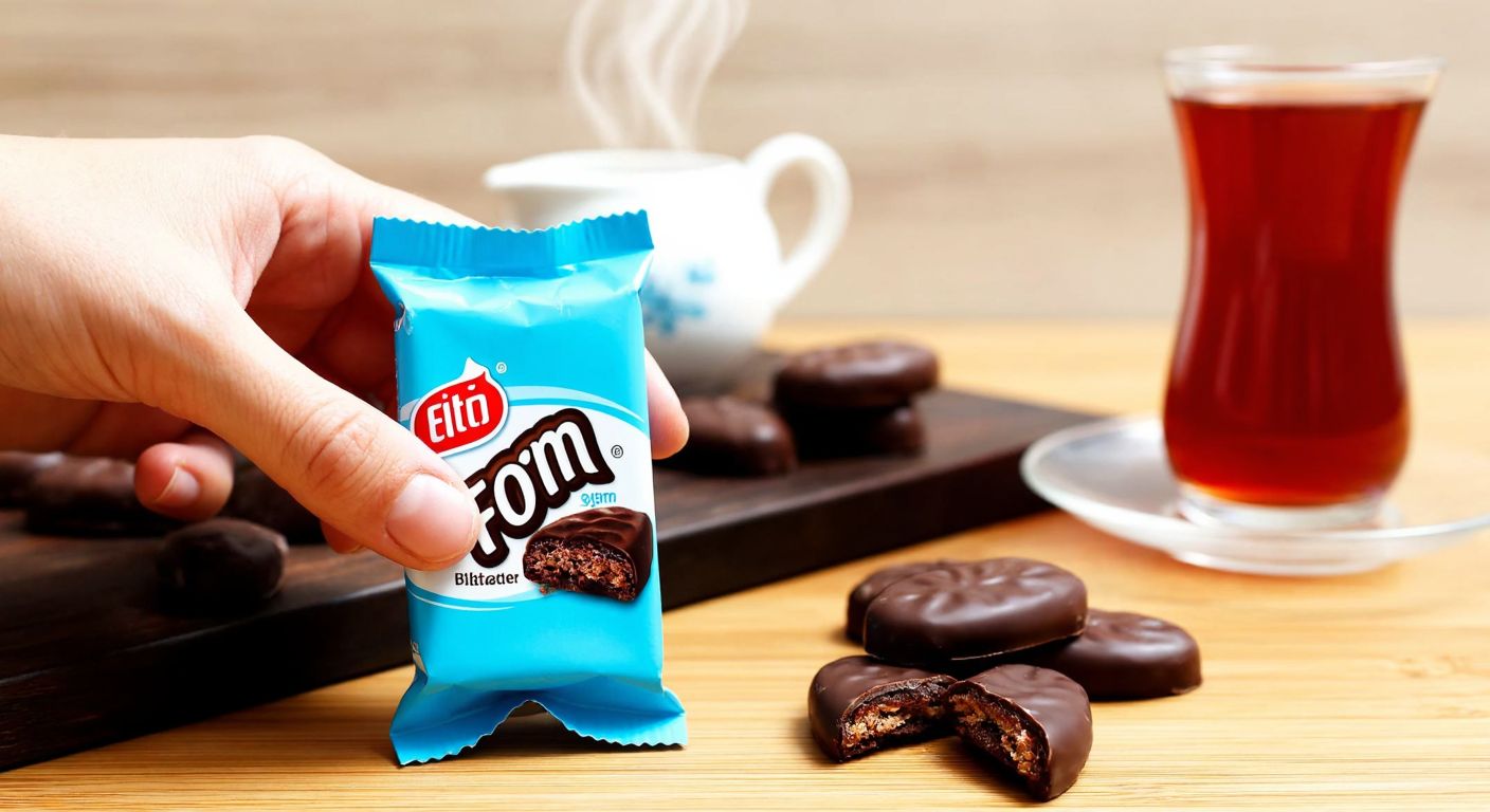A hand holding a small, crinkly blue-and-white package of Eti Form bitter chocolate-covered biscuits, with a few biscuits scattered on a wooden table beside a steaming cup of Turkish tea.