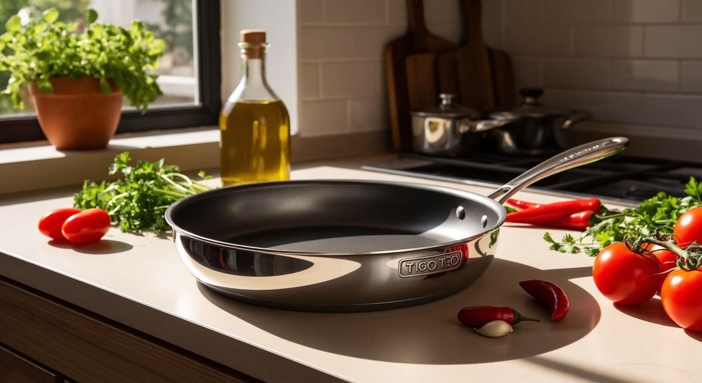 A sturdy, gleaming metal frying pan with a "Togo" logo sits on a Turkish kitchen counter, surrounded by fresh vegetables and olive oil, reflecting warm sunlight.