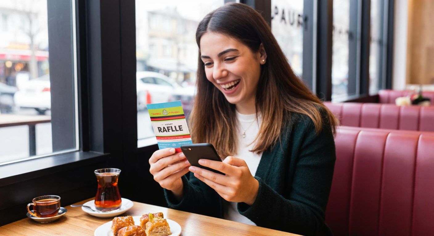 A cheerful Turkish woman in a cozy café, holding a colorful raffle ticket and smiling excitedly while checking her phone, with a traditional Turkish tea and a small plate of baklava on the table beside her.