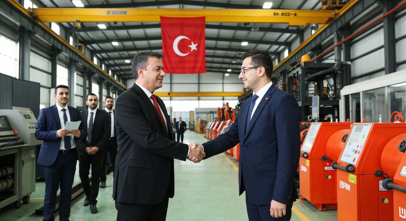 A modern industrial factory in İzmir with Turkish businessmen in formal attire shaking hands, surrounded by heavy machinery and the Turkish flag.