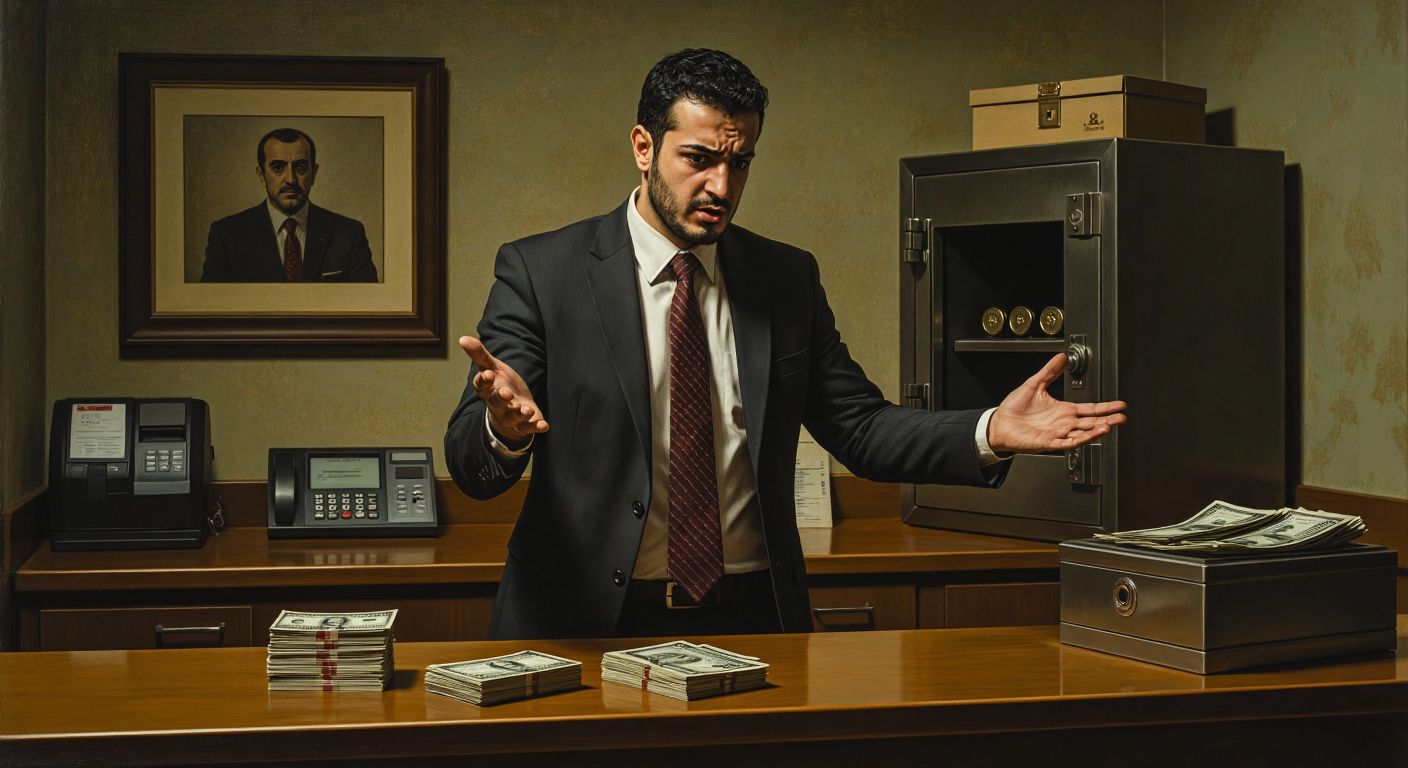 A stern Turkish bank teller in a formal suit shakes their head while gesturing toward a stack of cash and a bank card on the counter, with a small, locked safe visible in the background.