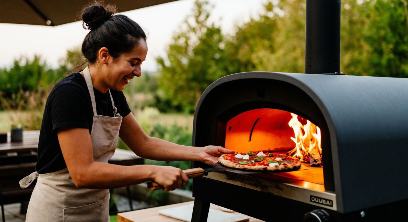 A smiling person in a cozy outdoor setting in Turkey, wearing an apron and carefully sliding a freshly topped pizza into a compact Ooni Fyra 12 oven, with flames flickering inside and the aroma of wood pellets filling the air.