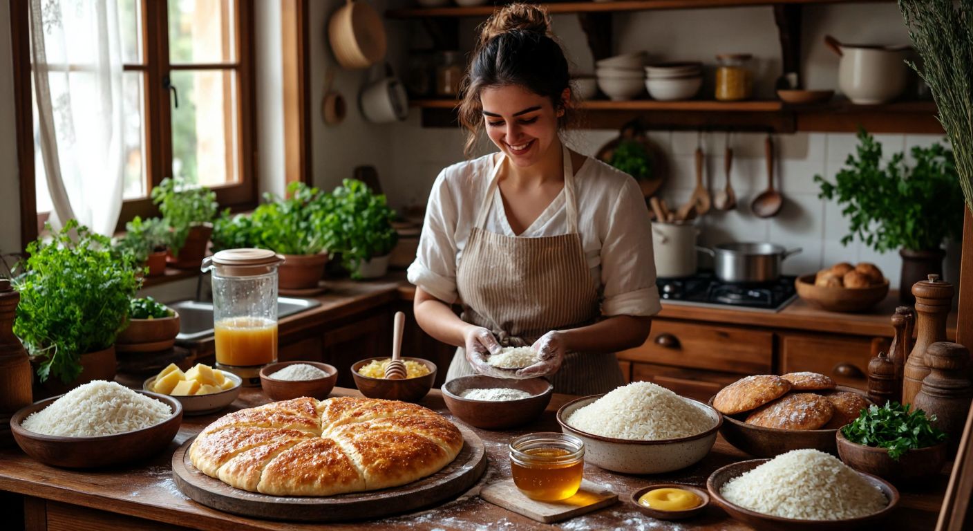 A warm Turkish kitchen with golden-brown rice bread cooling on a wooden table, surrounded by bowls of soaked rice, a blender, and fresh ingredients like honey and oil, while a smiling woman in an apron kneads dough nearby.