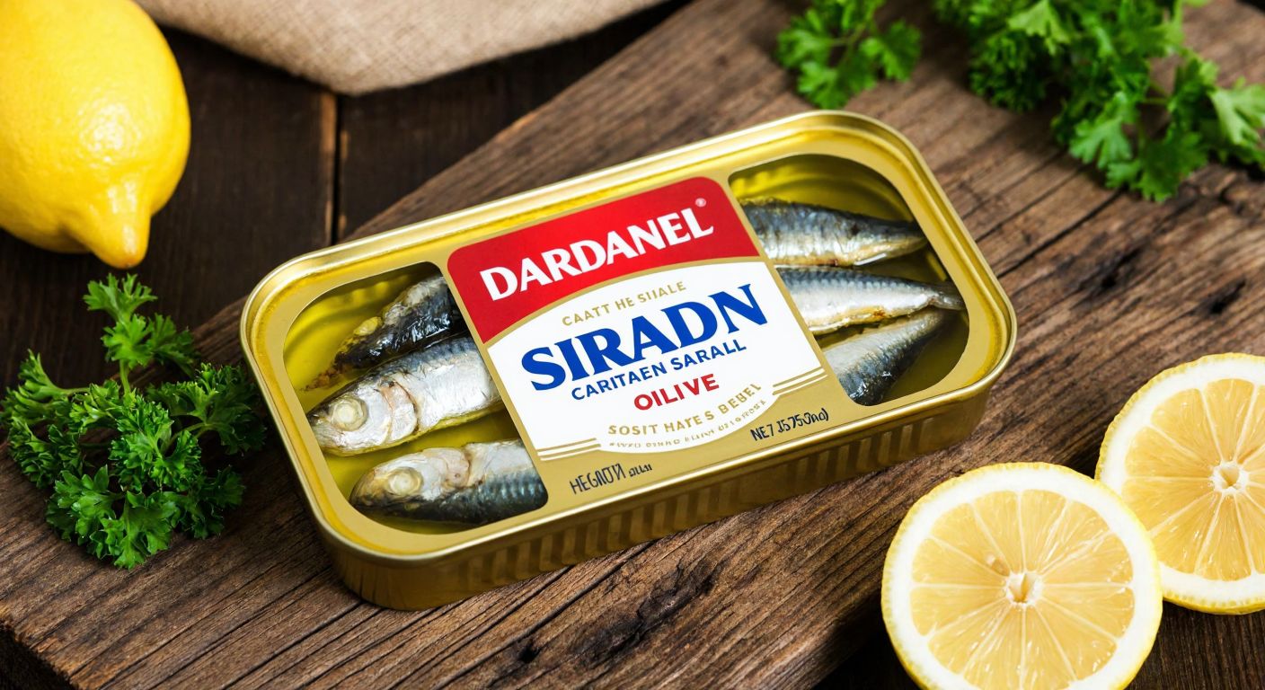 A golden tin of Dardanel sardines with olive oil, placed on a rustic wooden table beside fresh parsley and lemon slices, evoking the coastal flavors of Çanakkale.