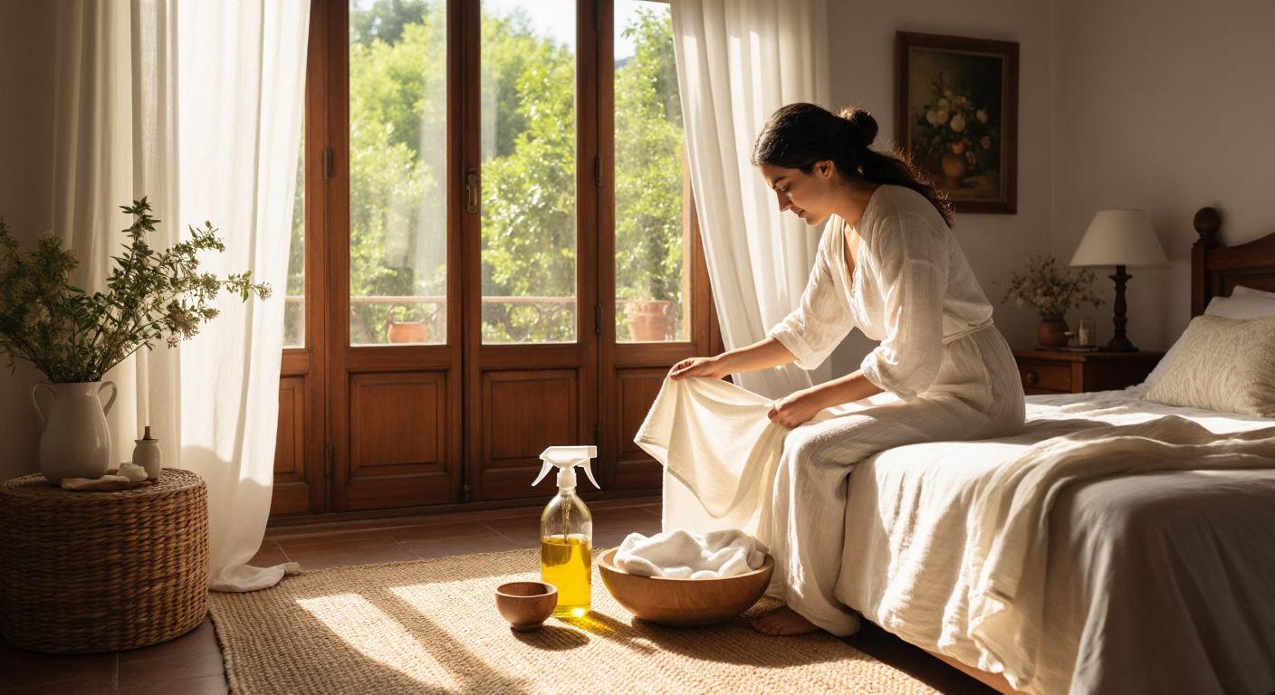 A Turkish woman in a cozy, sunlit bedroom gently wipes a carved wooden headboard with a soft cloth, while a small bowl of olive oil and a spray bottle sit nearby on a woven rug.