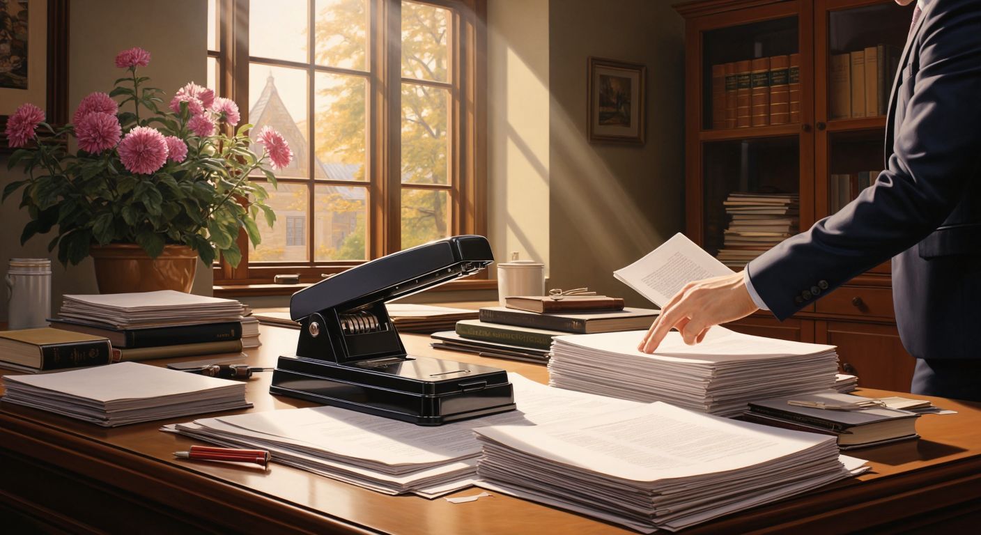 A long-armed stapler sits on a wooden desk, surrounded by neatly stacked booklets and loose papers, with a hand pressing down to staple a thick document in a well-lit office.