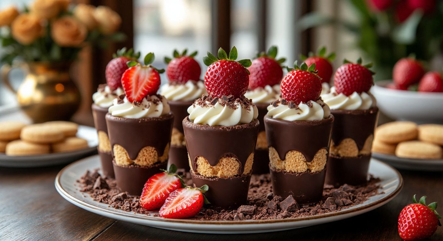 A vibrant Turkish dessert table featuring Asuman's signature chocolate treats—layered with strawberries, whipped cream, and biscuit crumbs—alongside brownie-based Ferhunde cones, all under warm golden light evoking indulgence and joy.