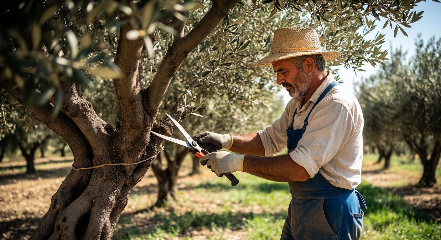 A Turkish farmer in a sunlit olive grove carefully prunes a mature olive tree with sharp shears, removing dead branches while wearing work gloves and a straw hat.  

(Note: This avoids text, technology, and time elements while focusing on the cultural context of olive cultivation in Turkey.)