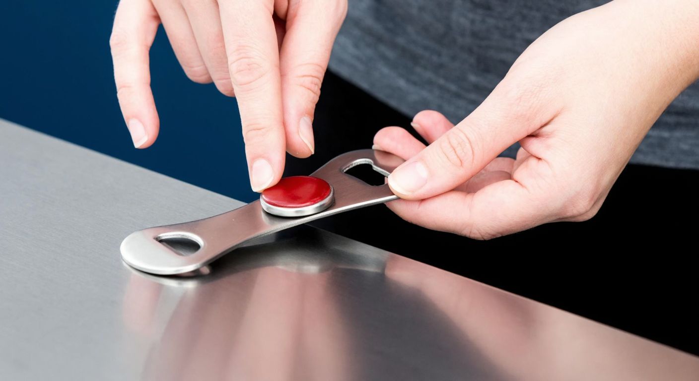 A person’s hands carefully placing a small, round red magnet onto a clean, smooth metal surface, with a bottle opener feature visibly attached to it.