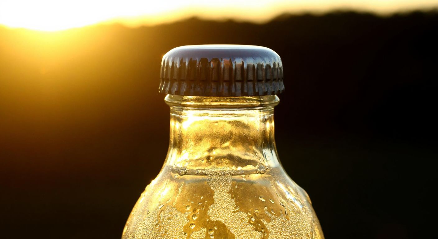 A close-up of a shiny metal gazoz cap sealing a glass bottle, with condensation droplets glistening under warm sunlight, evoking freshness and tradition.