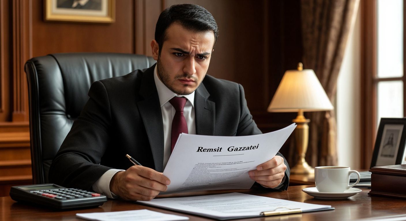 A Turkish accountant in a formal office setting, frowning slightly while flipping through a thick legal document labeled "Resmi Gazete," with a calculator and coffee cup on the desk.