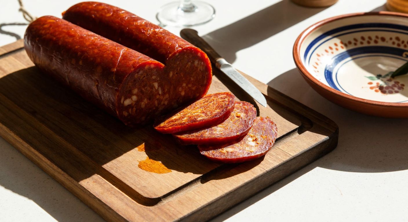A rustic wooden cutting board holds three thick slices of spicy Turkish sucuk, glistening with oil, beside a traditional ceramic plate and a small knife on a sunlit kitchen counter.
