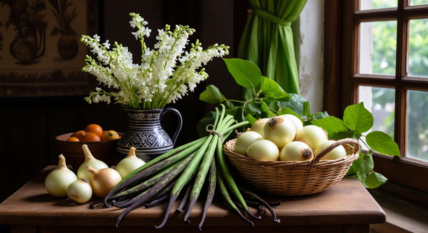 A vibrant wooden table in a Turkish kitchen displays fresh vanilla pods, a vase with delicate white vapur dumanı flowers, Vidalia onions with their pale yellow skins, green bean pods spilling out of a woven basket, and exotic voavanga fruits with their glossy purple-black skin.