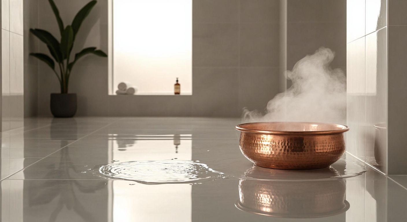 A sleek, modern Turkish bathroom with glossy white PVC wall panels reflecting soft light, a small puddle of water beading harmlessly on the smooth surface, and a steaming copper hamam bowl placed nearby.