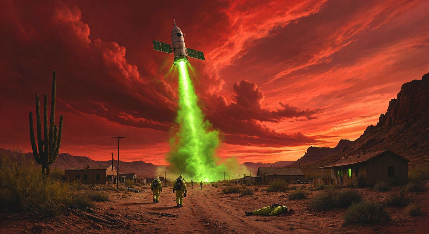 A desolate Arizona desert town under a blood-red sky, with a crashed satellite spewing eerie green mist while scientists in hazmat suits cautiously approach with glowing containment equipment.