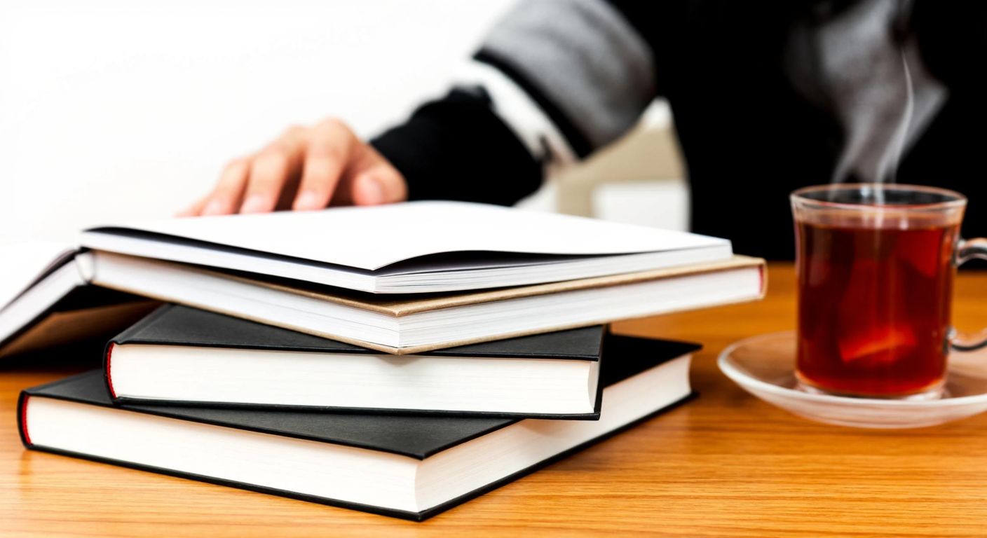 A stack of three distinct Turkish history question books with varying thicknesses, placed on a wooden desk beside a steaming cup of çay, with a student's hand flipping through the middle book.