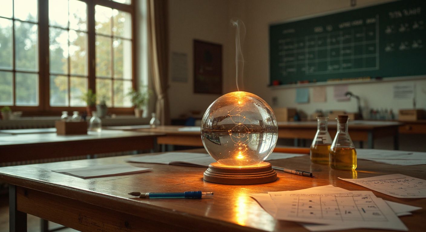 A glowing, translucent argon-filled glass orb resting on a wooden table in a dimly lit Turkish science classroom, surrounded by scattered chemistry notes and a periodic table chart.