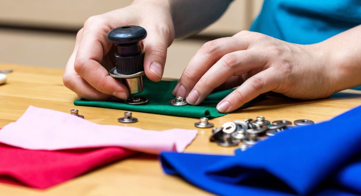 A pair of hands carefully pressing a snap fastener tool onto a colorful piece of fabric, with scattered snap fasteners and spare fabric pieces on a wooden table in a well-lit Turkish sewing workshop.