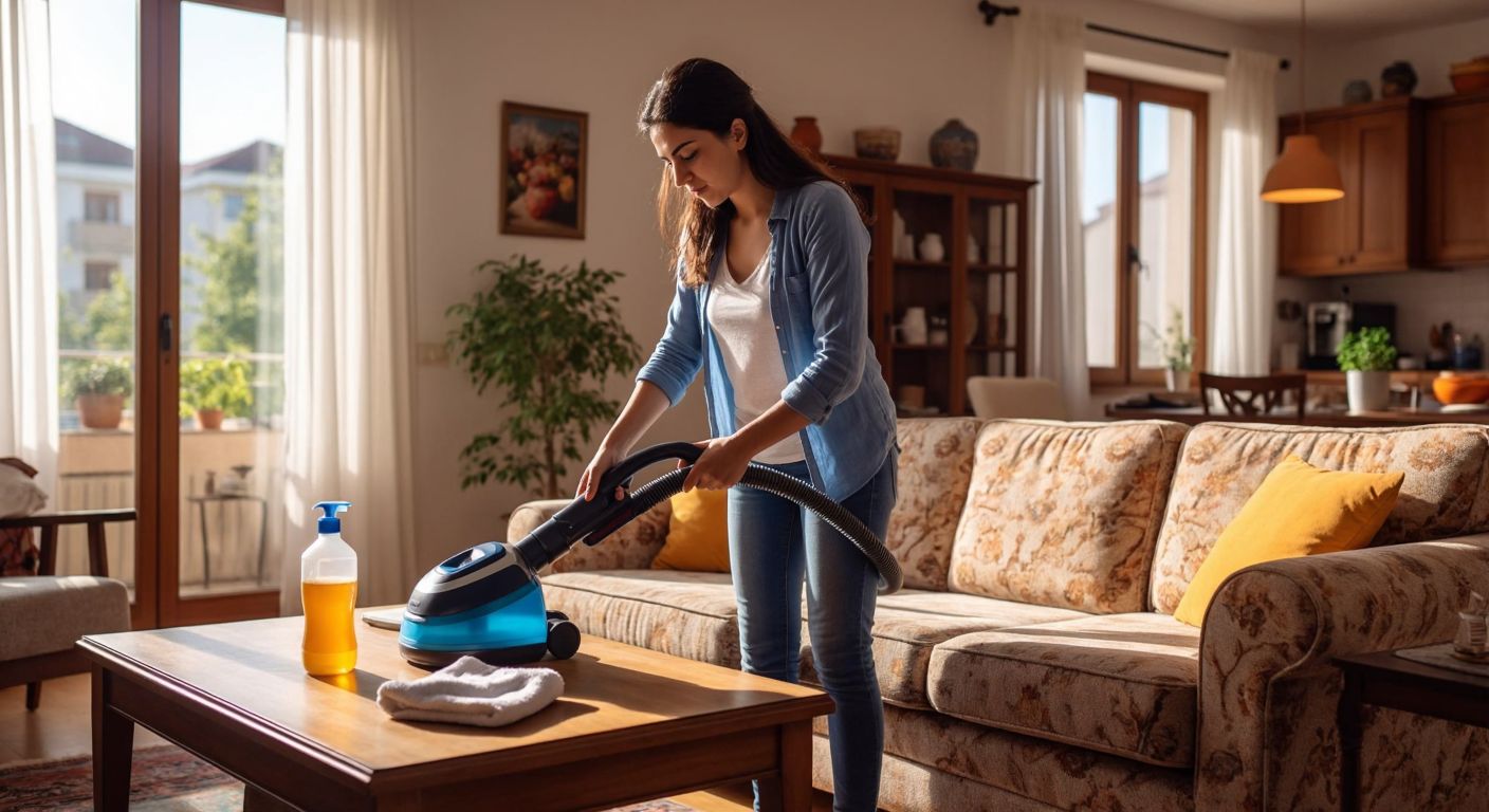 A focused Turkish woman in a bright, tidy living room carefully glides a vacuum upholstery cleaner over a patterned sofa, with a bottle of cleaning solution and a cloth nearby on a wooden coffee table.