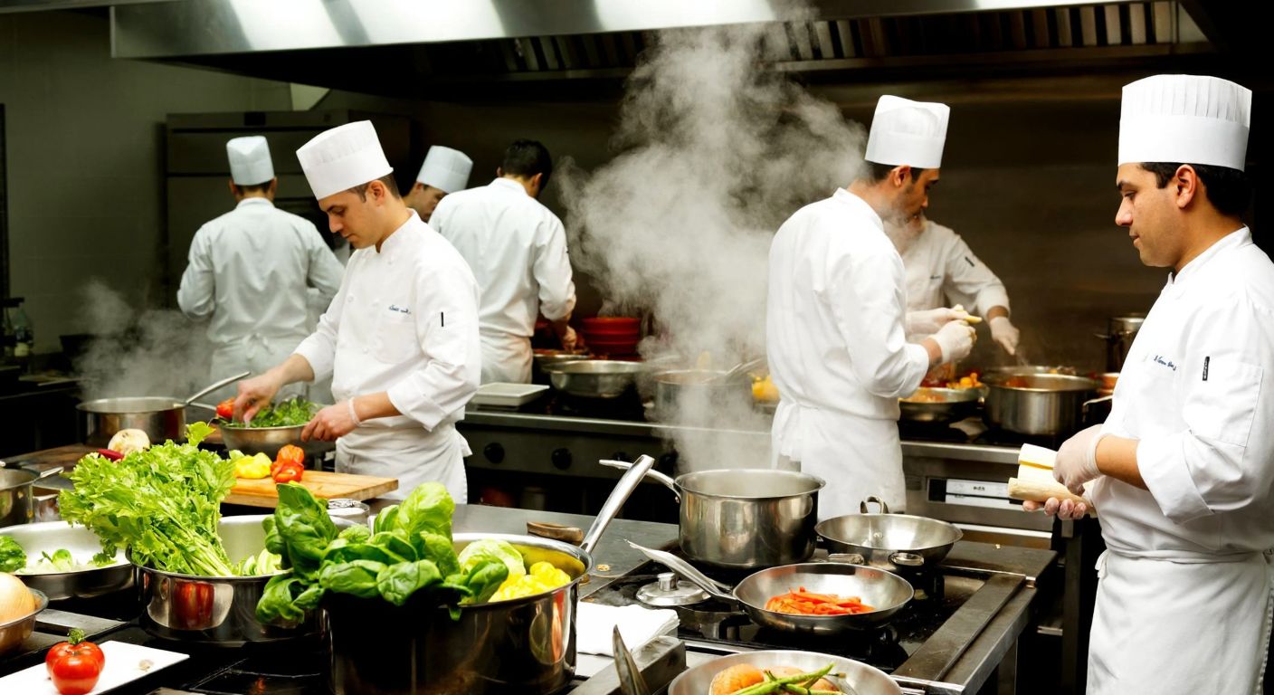 A bustling kitchen scene with chefs in white uniforms and hats chopping vegetables, stirring pots, and plating dishes, surrounded by steam and the aroma of spices.