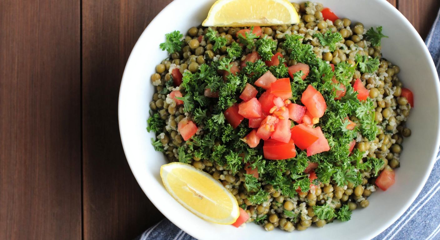 A vibrant Turkish salad bowl filled with green mung beans, fluffy quinoa, fresh parsley, diced tomatoes, and a drizzle of olive oil, garnished with lemon wedges and served on a rustic wooden table.