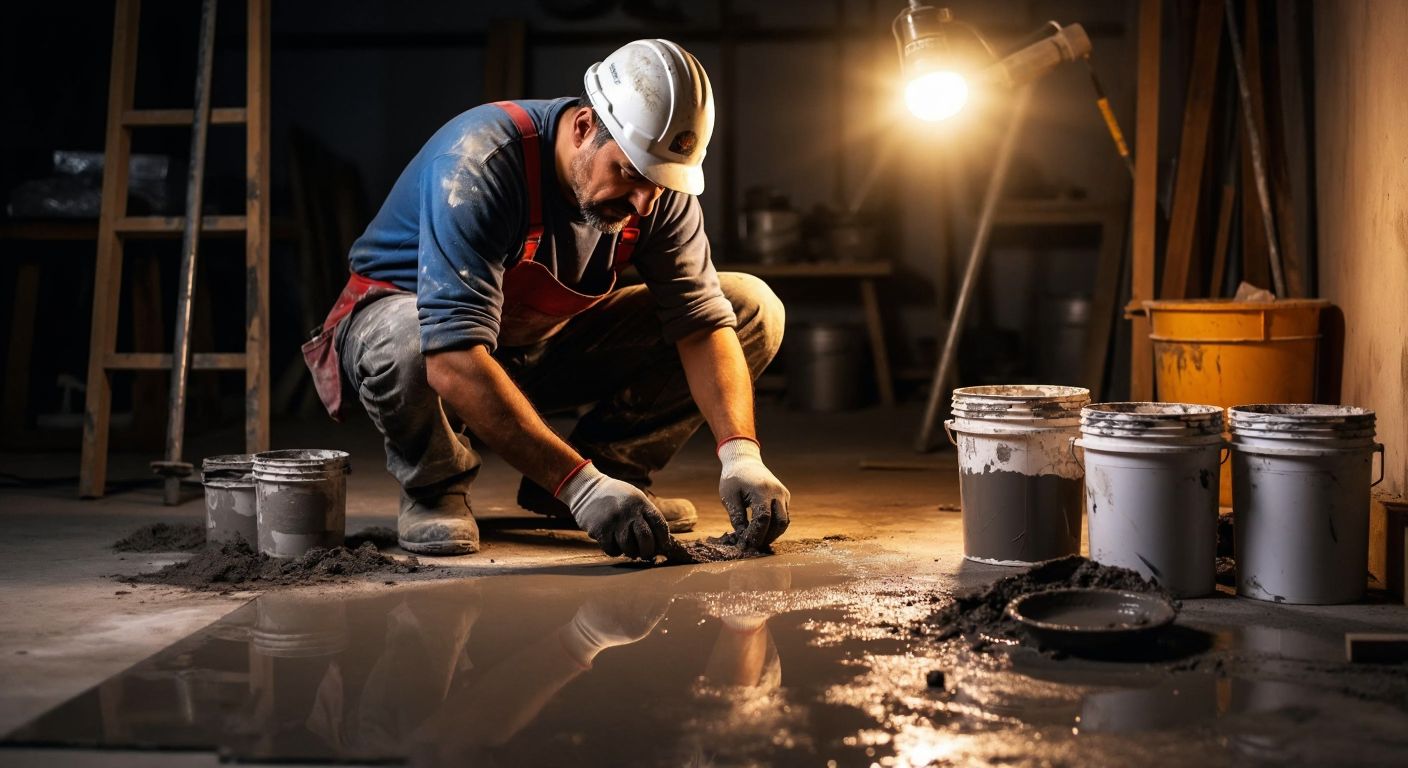 A Turkish construction worker in a dusty apron carefully applies gray repair mortar to a cracked concrete floor, surrounded by buckets of epoxy paste and self-leveling compounds under the warm glow of a workshop light.