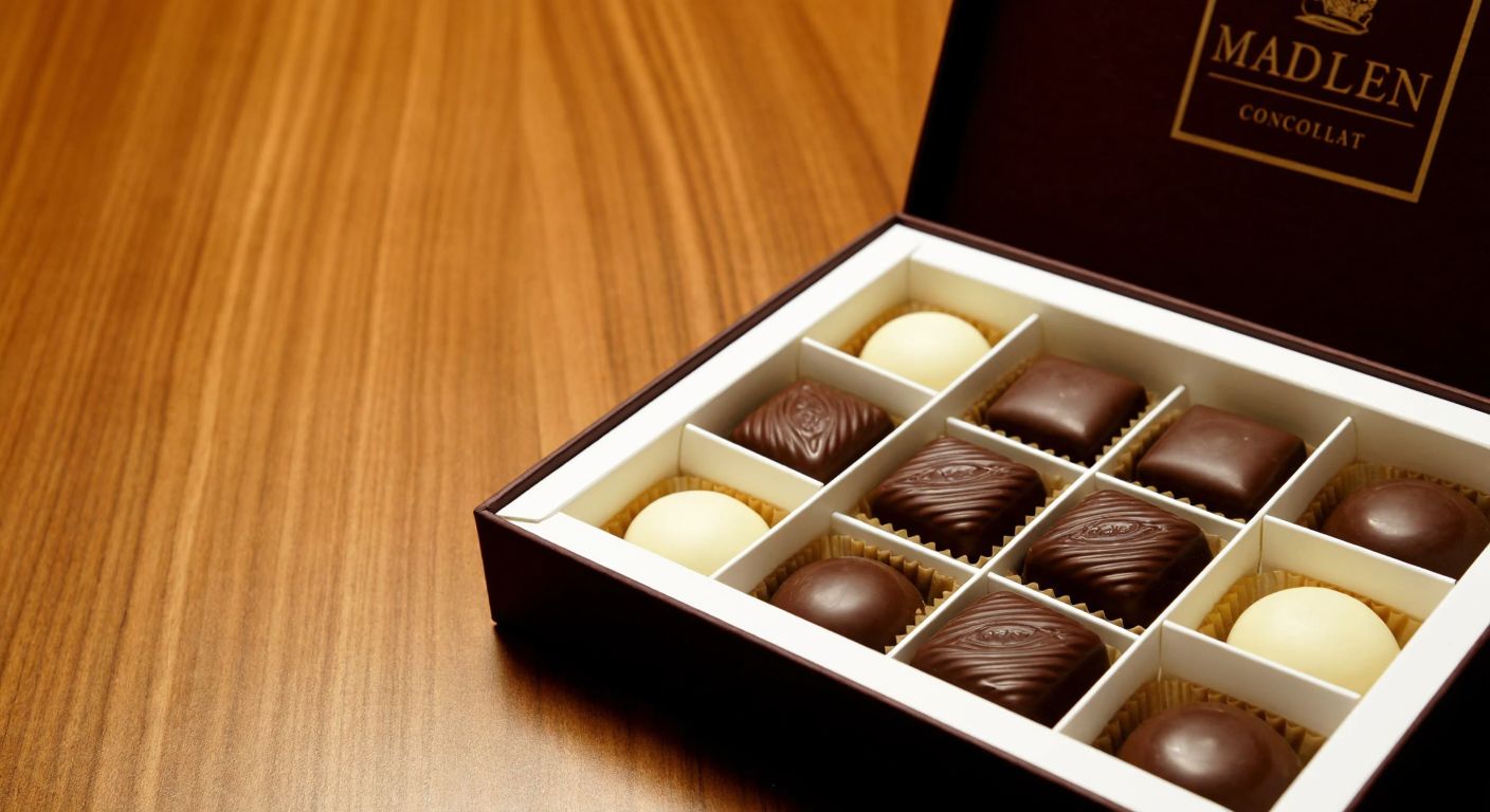 A neatly arranged box of Madlen chocolates with clear plastic separators dividing each piece, set against a warm wooden table in a Turkish confectionery shop.