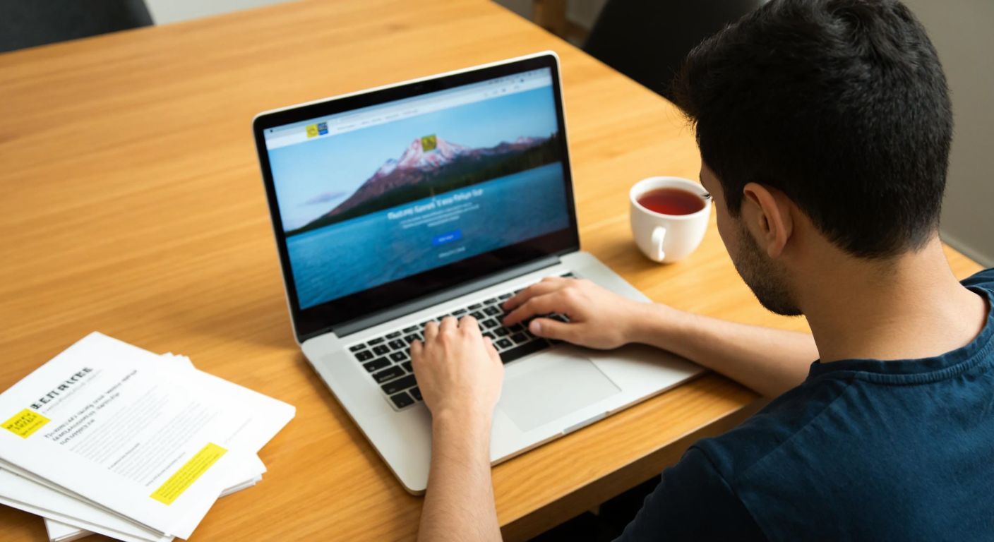 A focused Turkish student sits at a wooden desk with a laptop open, browsing a website displaying educational PDFs, while a neat stack of printed test papers rests beside a steaming cup of çay.