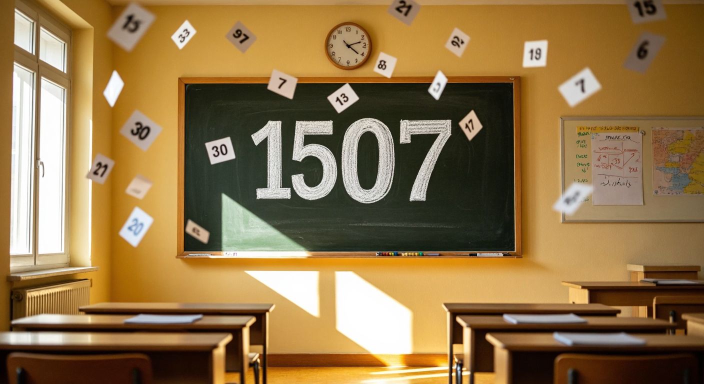 A chalkboard with the numbers 15 and 7 written in white chalk, surrounded by floating multiples like 105, 30, and 21, against a warm classroom backdrop in Turkey.