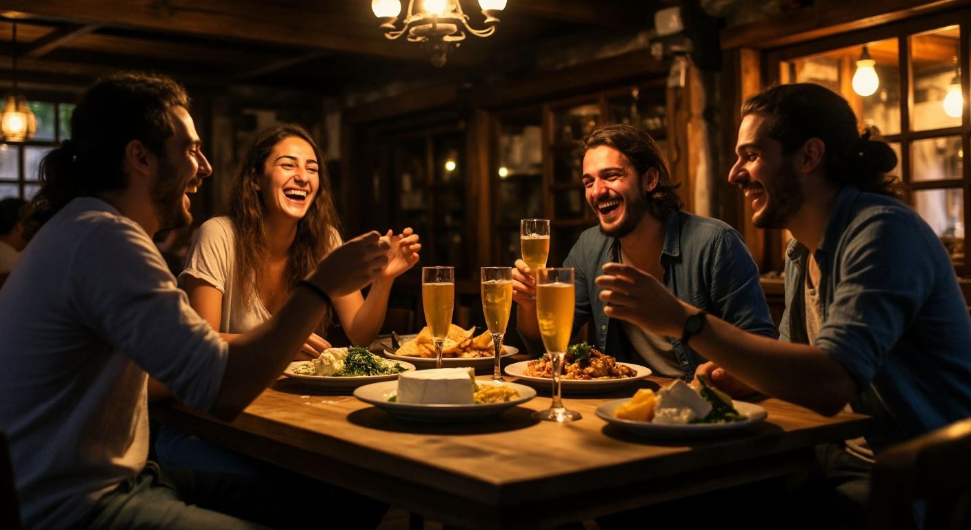 A group of friends laughing around a rustic wooden table in a dimly lit tavern, sharing glasses of golden rakı with plates of meze like white cheese and melon.