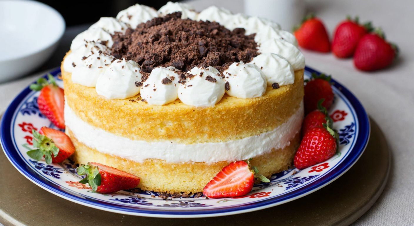 A golden, fluffy cake layered with creamy whipped topping, crushed cocoa biscuits, and shredded coconut, placed on a decorative Turkish ceramic plate surrounded by fresh strawberries and a drizzle of chocolate sauce.