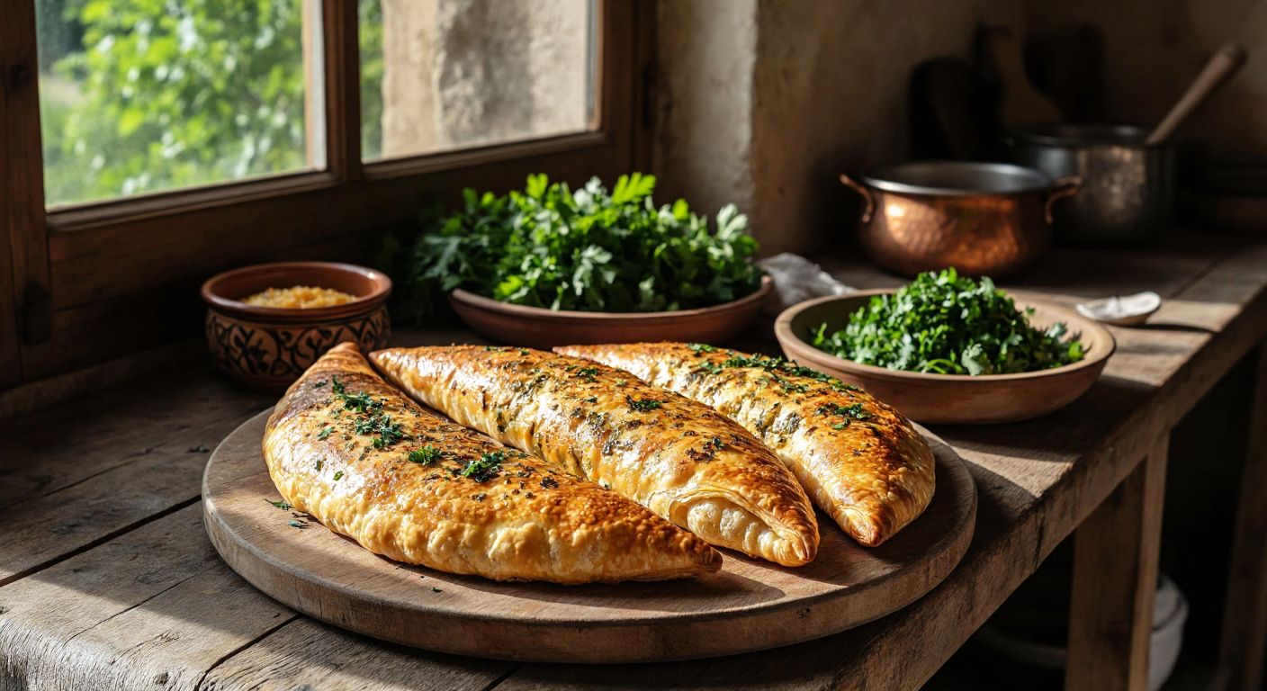 A rustic wooden table in a sunlit Turkish kitchen holds two golden-brown böreks—one crescent-shaped with bulgur and cheese filling (Tunceli-style) and the other layered with potato filling (Elazığ-style)—steaming beside a bowl of fresh parsley and a traditional sac.