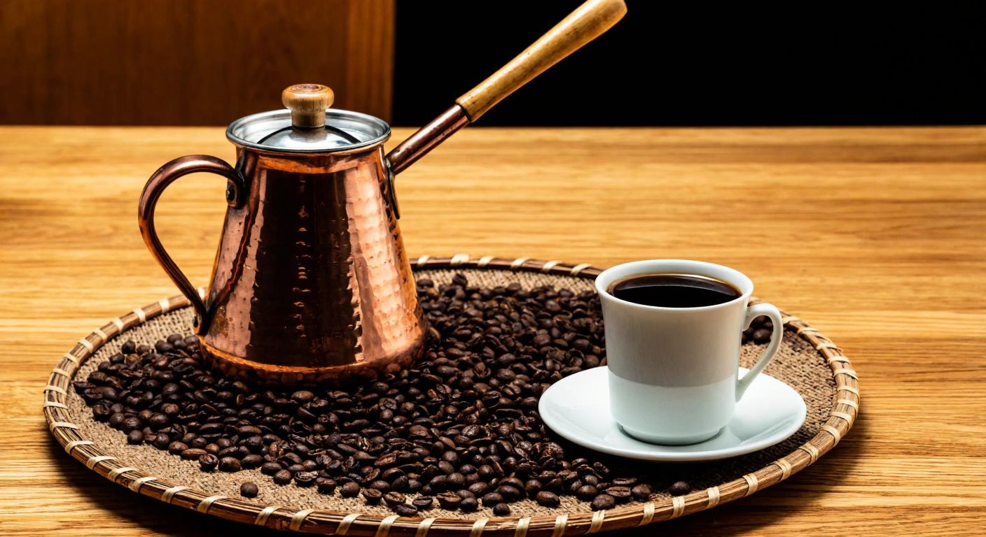 A warm, copper-toned Turkish coffee pot sits on a wooden table beside a small porcelain cup, with freshly ground coffee beans spilling onto a traditional woven tray, evoking the rich aroma and heritage of Kocatepe Kahve.