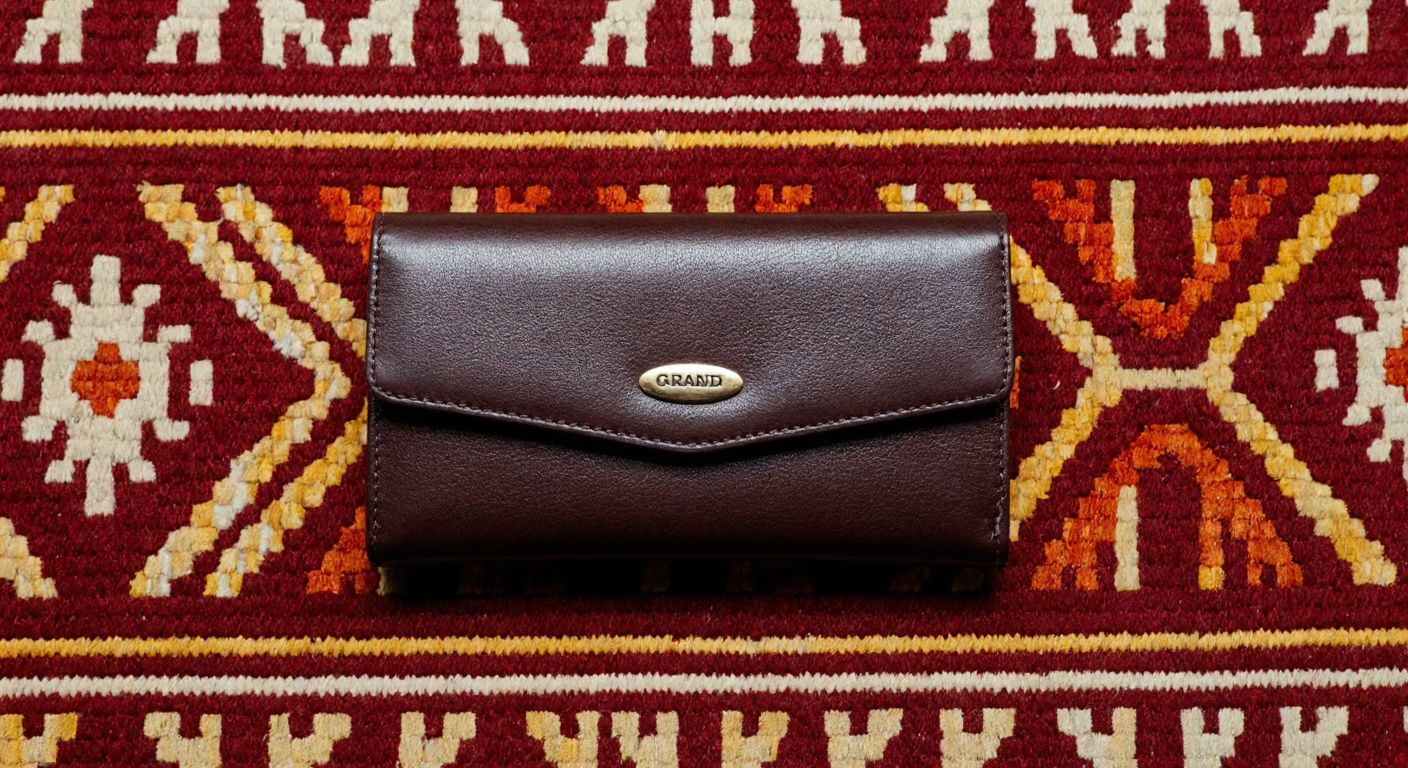 A sleek brown leather wallet embossed with the Grande logo, resting on a traditional Turkish kilim rug with warm red and gold patterns, set against the backdrop of Istanbul's historic Grand Bazaar.