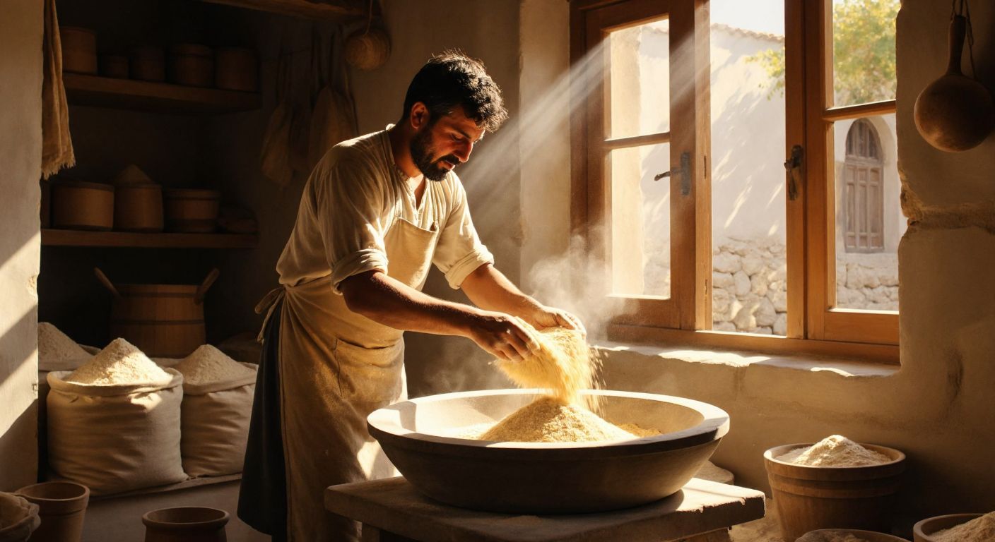 A Turkish miller in a traditional stone mill, wearing a flour-dusted apron, carefully pouring golden wheat into a grinding stone while sunlight streams through wooden windows onto sacks of fresh flour.