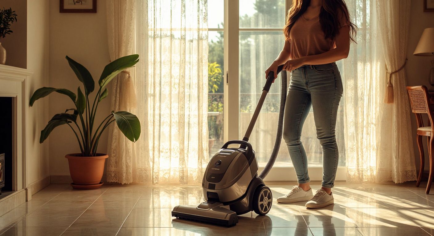 A modern Turkish home with a sleek Fantom vacuum cleaner standing proudly on a tiled floor, sunlight streaming through lace curtains, and a smiling woman in casual attire holding the vacuum's handle with pride.
