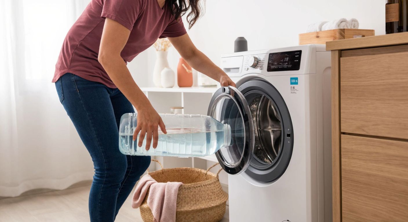 A person in a Turkish home wearing casual clothing carefully removes a transparent water tank from a Hoover H-Dry 500 dryer near a laundry basket, with a focused expression.