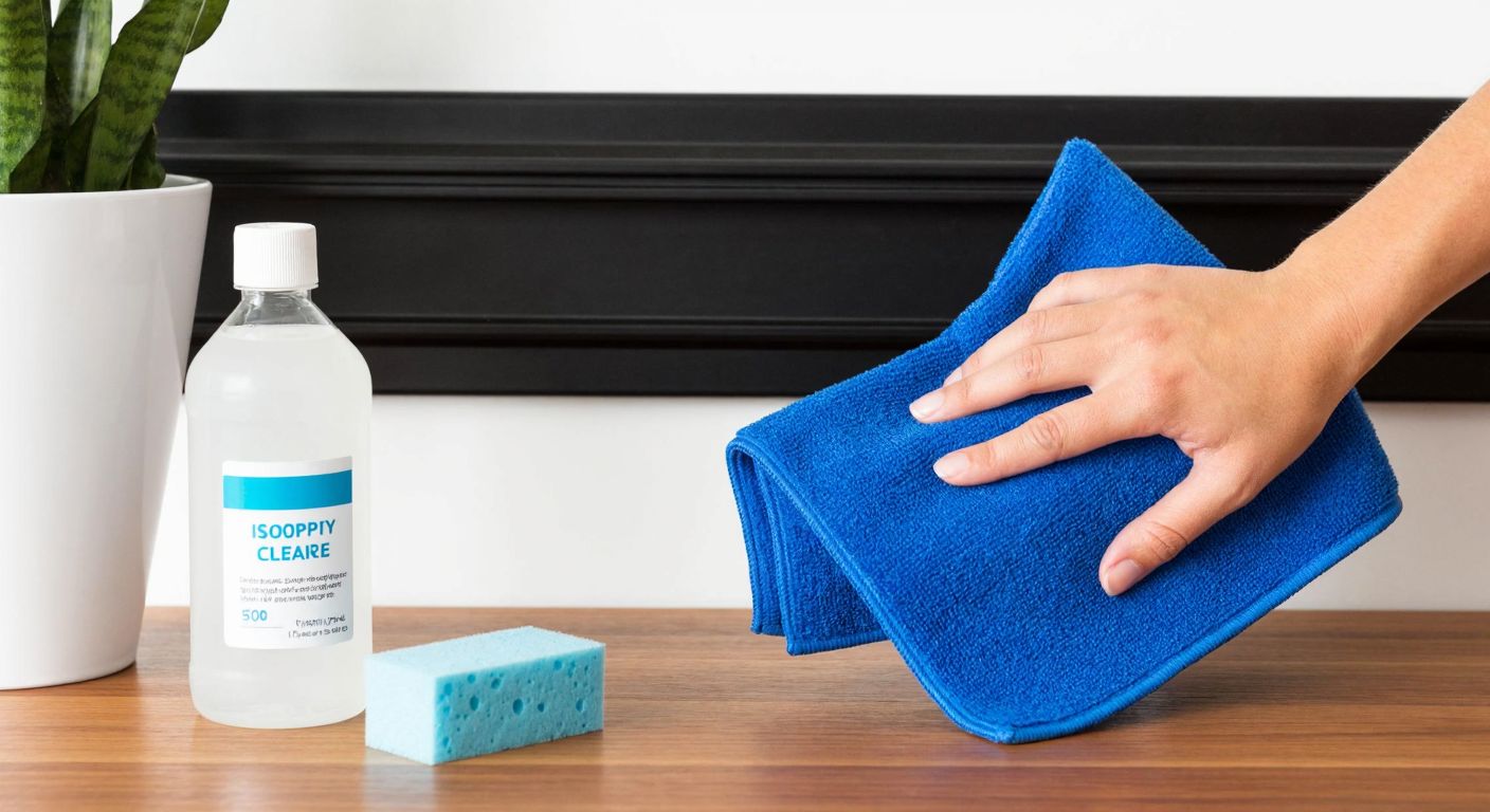 A hand holding a damp blue microfiber cloth wiping across a clean whiteboard, with a small bottle of isopropyl alcohol and a melamine sponge placed neatly beside it on a wooden desk.