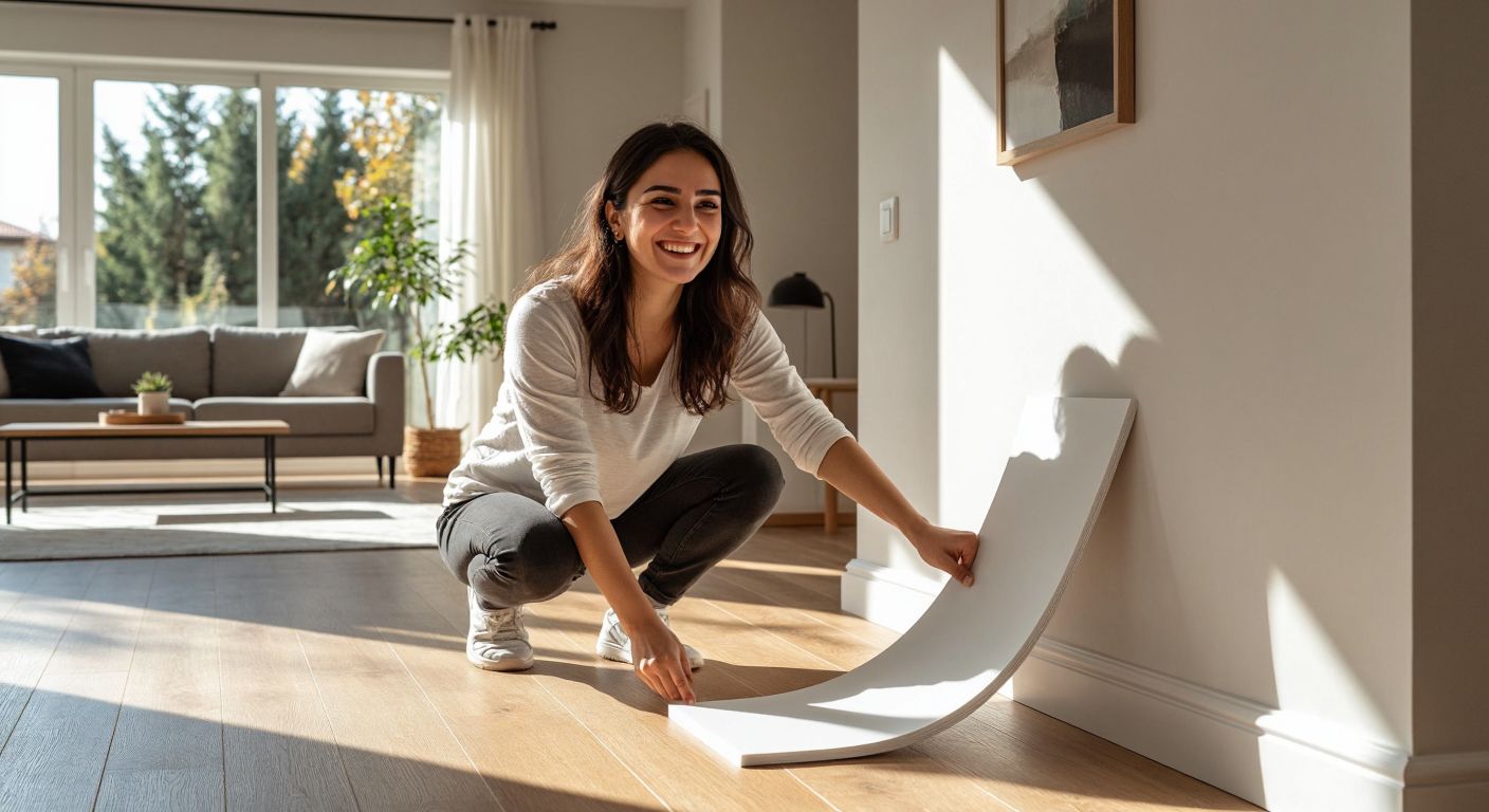 A Turkish homeowner in a sunlit living room smiles while effortlessly pressing a sleek white PVC baseboard with a self-adhesive backing onto a freshly painted wall, with a damp cloth and spare baseboard strips neatly placed on a wooden floor nearby.