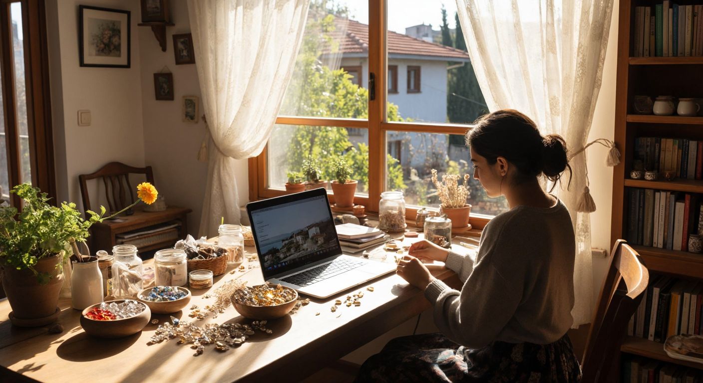 A cozy Turkish home with a person sitting at a wooden table, surrounded by scattered craft supplies, a laptop displaying a virtual classroom, neatly packaged wedding candies, and handmade jewelry, while sunlight streams through lace curtains.