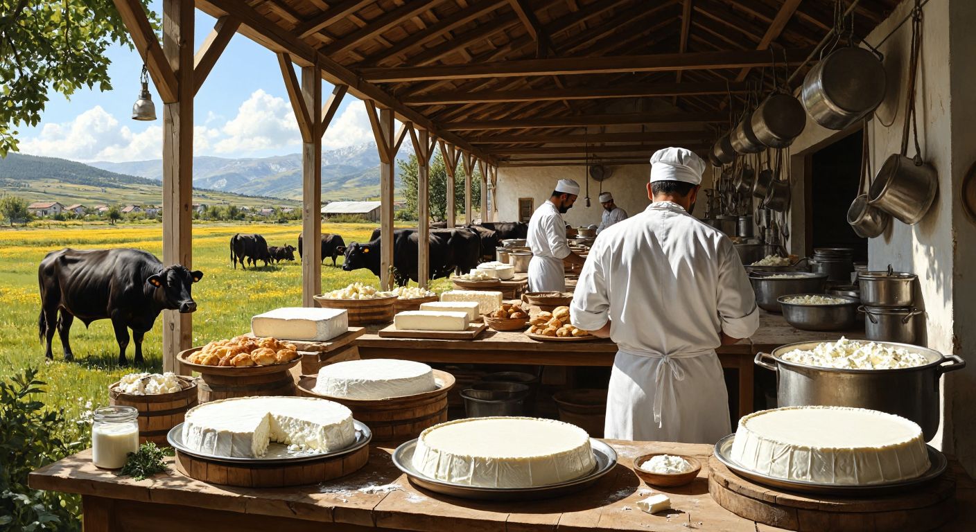 A rustic Turkish dairy farm with buffalo and cows grazing in the background, while workers in white aprons prepare fresh cheeses, yogurt, and creamy desserts like baklava and keşkül in a sunlit production facility.