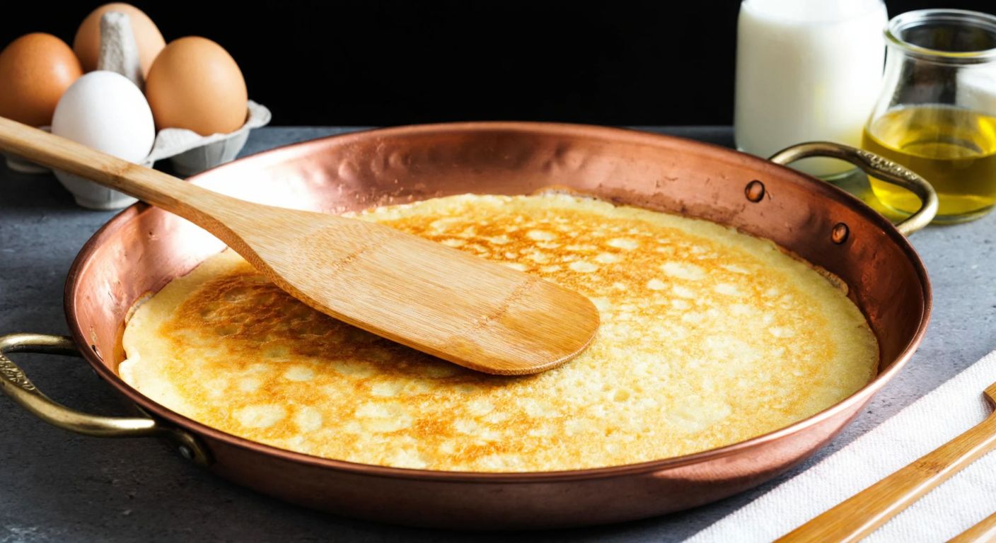 A warm, golden-brown rice flour crepe sizzling in a traditional Turkish copper pan, with a wooden spatula lifting its crisp edge, surrounded by fresh ingredients like eggs, milk, and olive oil on a rustic kitchen counter.