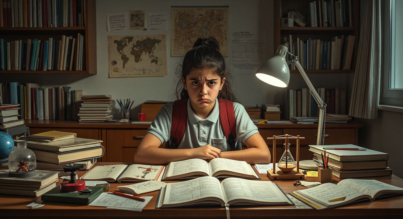 A Turkish middle school student frowning at a cluttered desk with open science textbooks, a model of simple machines, and scattered notes about energy transformations, under a dim study lamp.
