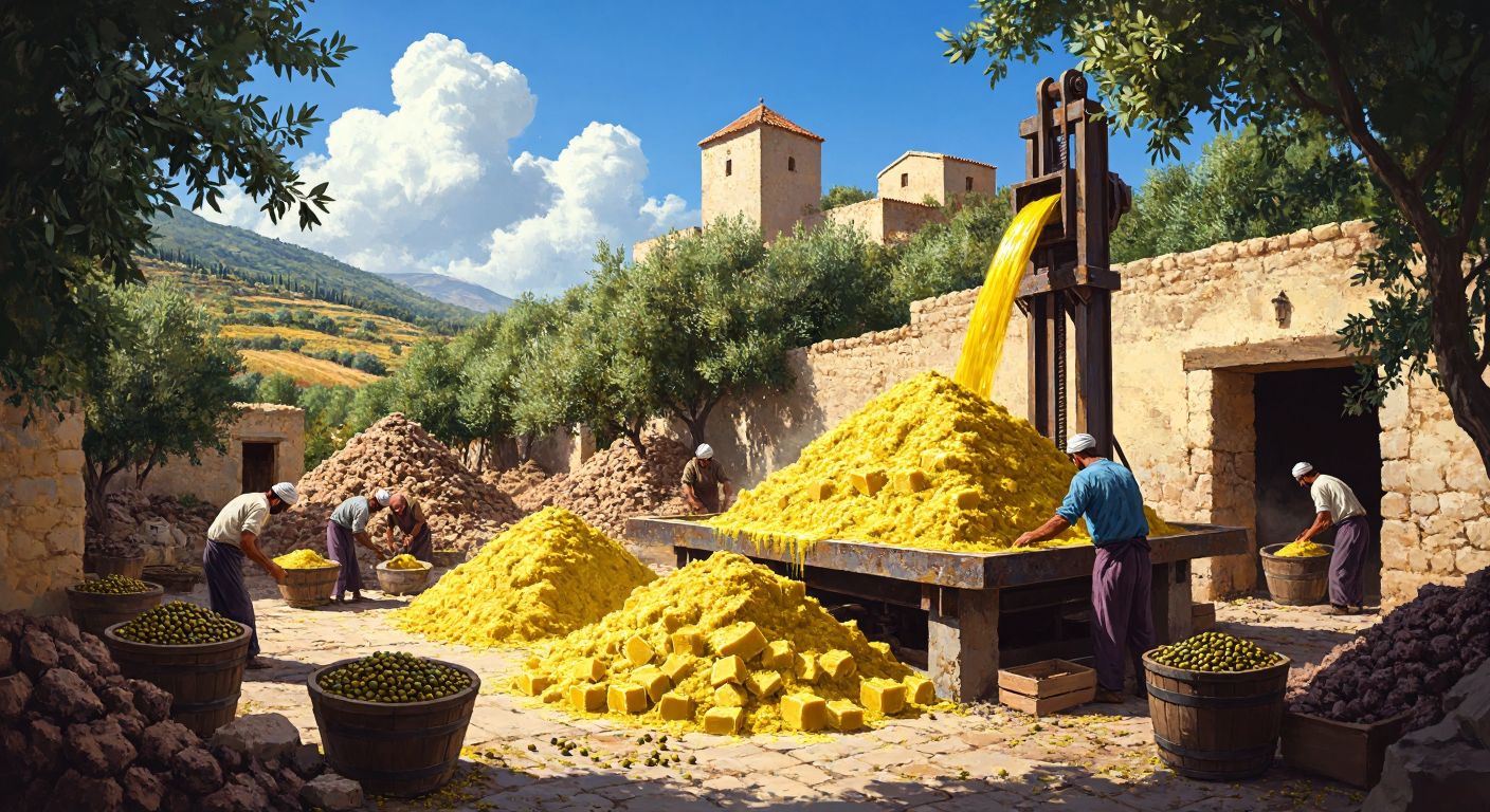 A rustic Turkish olive press surrounded by piles of olive pulp, with workers transforming it into golden oil, bars of soap, animal feed, and fuel blocks, under the warm Mediterranean sun.