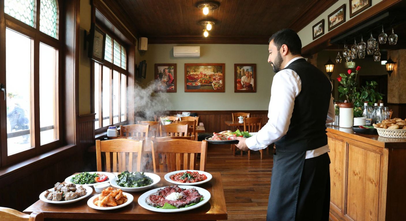 A traditional Turkish restaurant interior with wooden tables, steaming plates of kebabs and meze, and a waiter shaking his head politely while holding a tray of ayran.